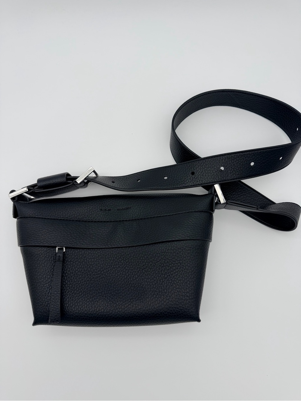 All Saints Colette Black Leather Crossbody Bag silver hardware